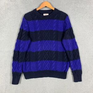 Wallace & Barnes Sweater Large L Blue Fisherman Cable Knit Stripe Cotton J. Crew